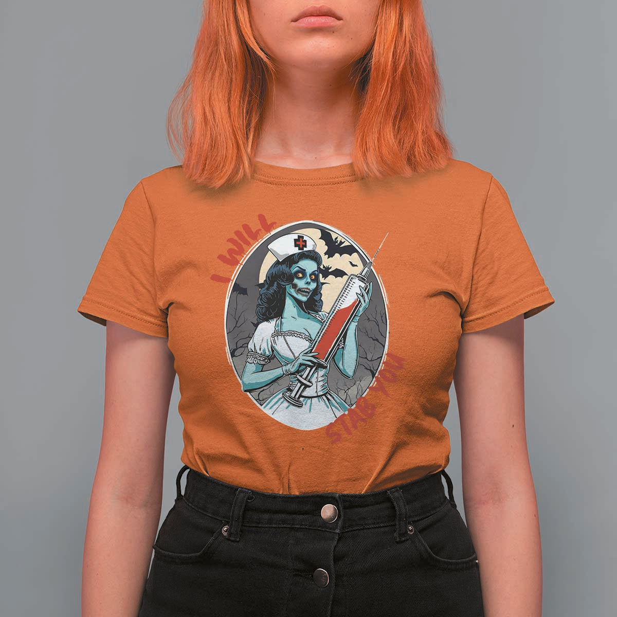 Funny Halloween Nurse T Shirt For Women I Will Stab You Scary Zombie Needle Nurse - Wonder Print Shop