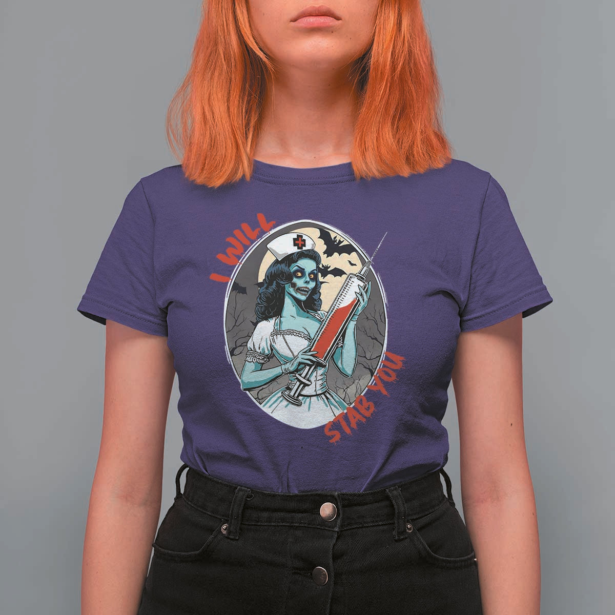 Funny Halloween Nurse T Shirt For Women I Will Stab You Scary Zombie Needle Nurse - Wonder Print Shop