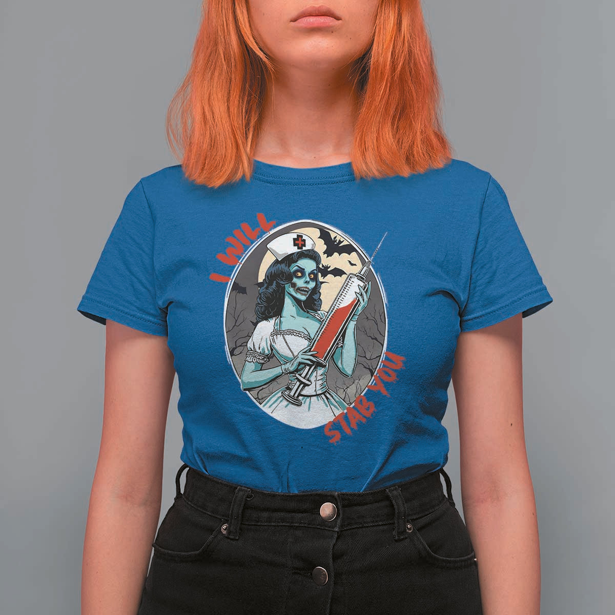 Funny Halloween Nurse T Shirt For Women I Will Stab You Scary Zombie Needle Nurse - Wonder Print Shop