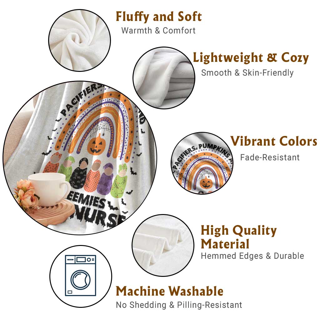 NICU Nurse Halloween Throw Blanket Pacifiers Pumpkins And Preemies Baby Rainbow Bat - Wonder Print Shop