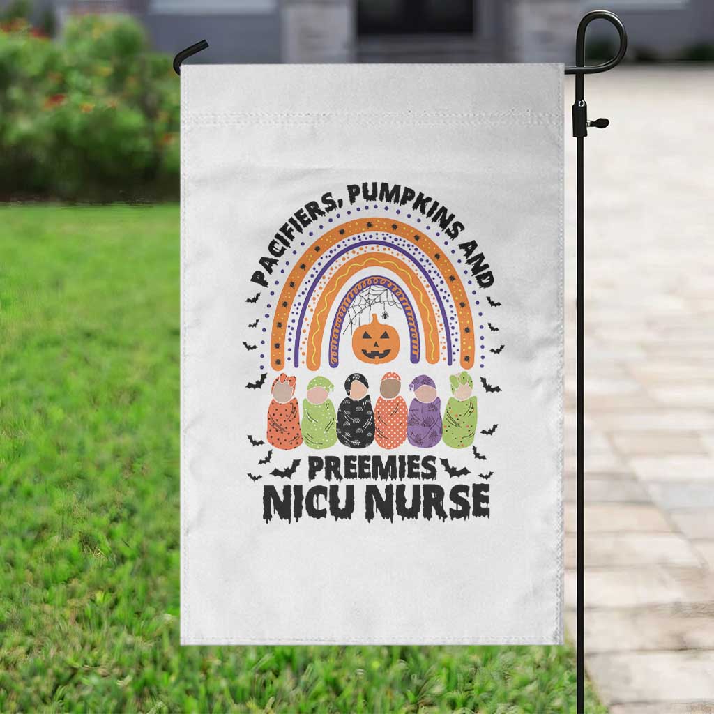 NICU Nurse Halloween Garden Flag Pacifiers Pumpkins And Preemies Baby Rainbow Bat - Wonder Print Shop