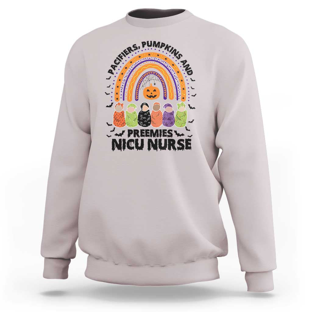 NICU Nurse Halloween Sweatshirt Pacifiers Pumpkins And Preemies Baby Rainbow Bat - Wonder Print Shop