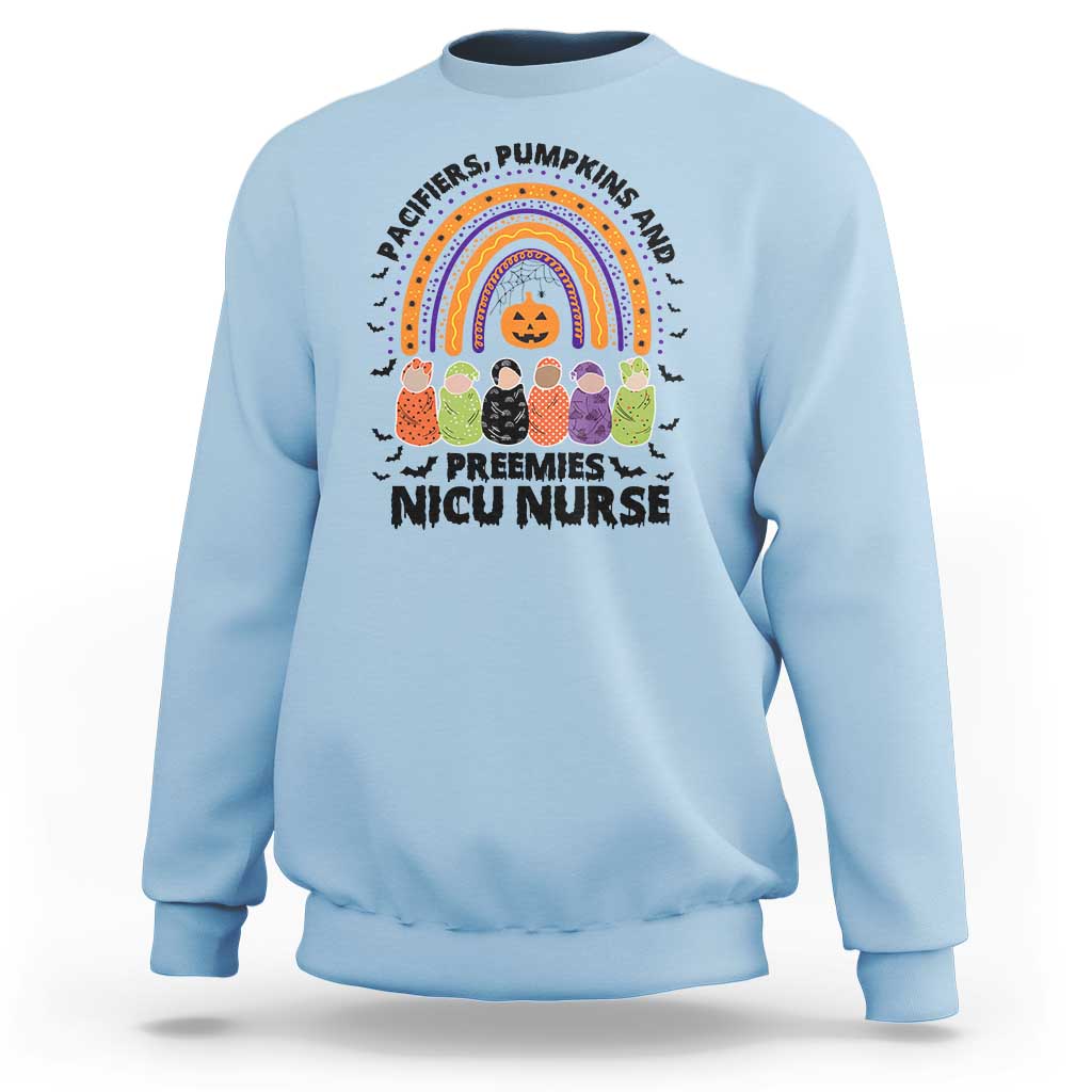 NICU Nurse Halloween Sweatshirt Pacifiers Pumpkins And Preemies Baby Rainbow Bat - Wonder Print Shop