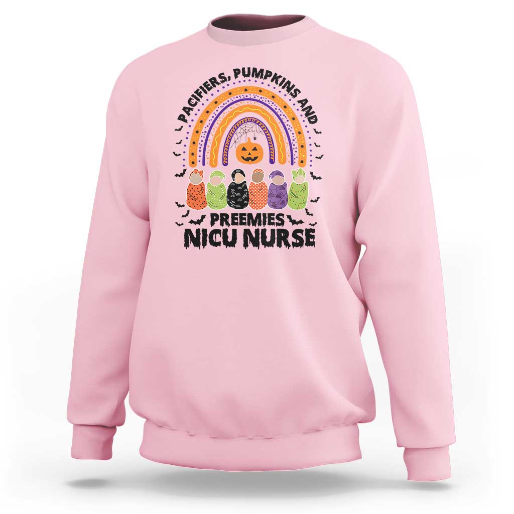 NICU Nurse Halloween Sweatshirt Pacifiers Pumpkins And Preemies Baby Rainbow Bat - Wonder Print Shop