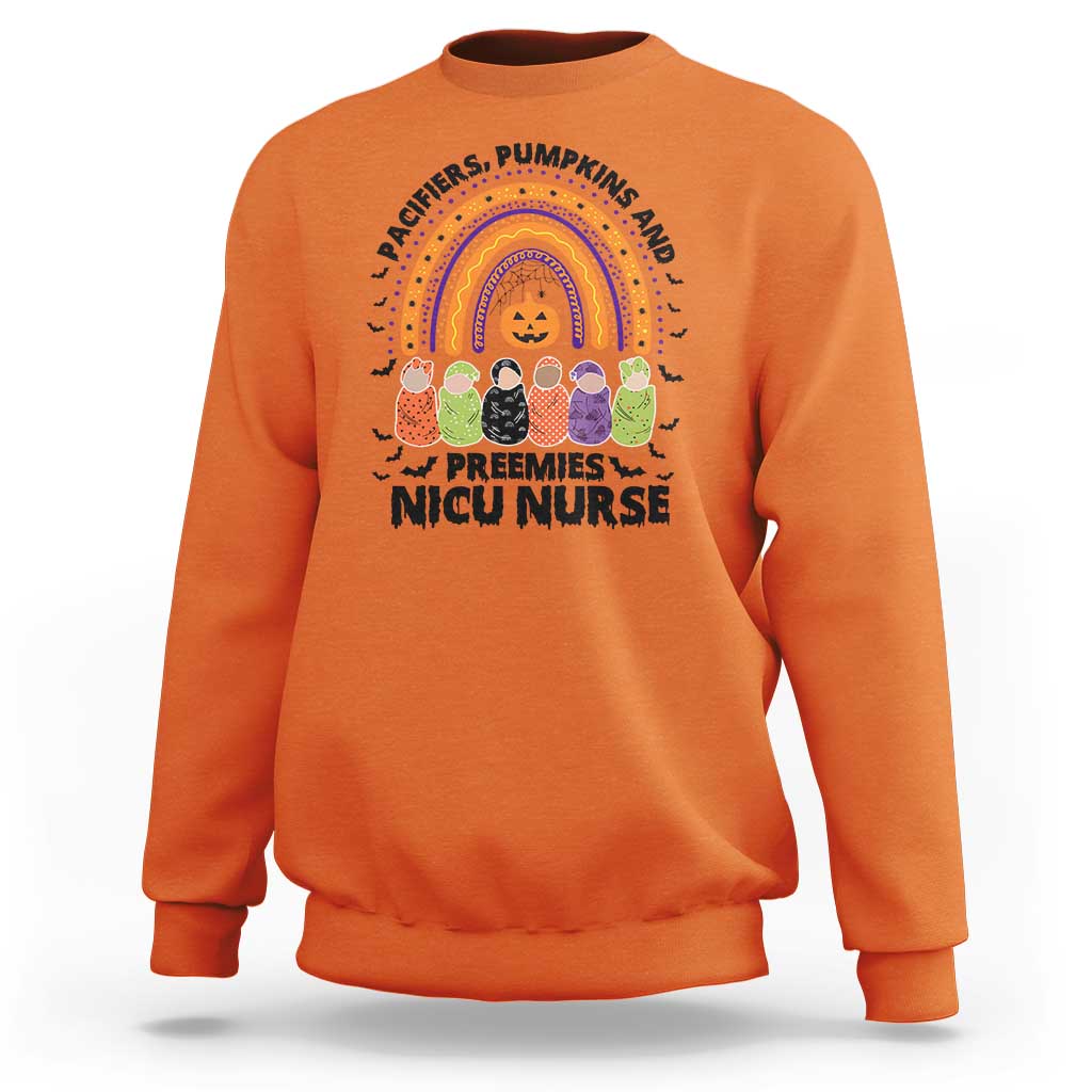NICU Nurse Halloween Sweatshirt Pacifiers Pumpkins And Preemies Baby Rainbow Bat - Wonder Print Shop