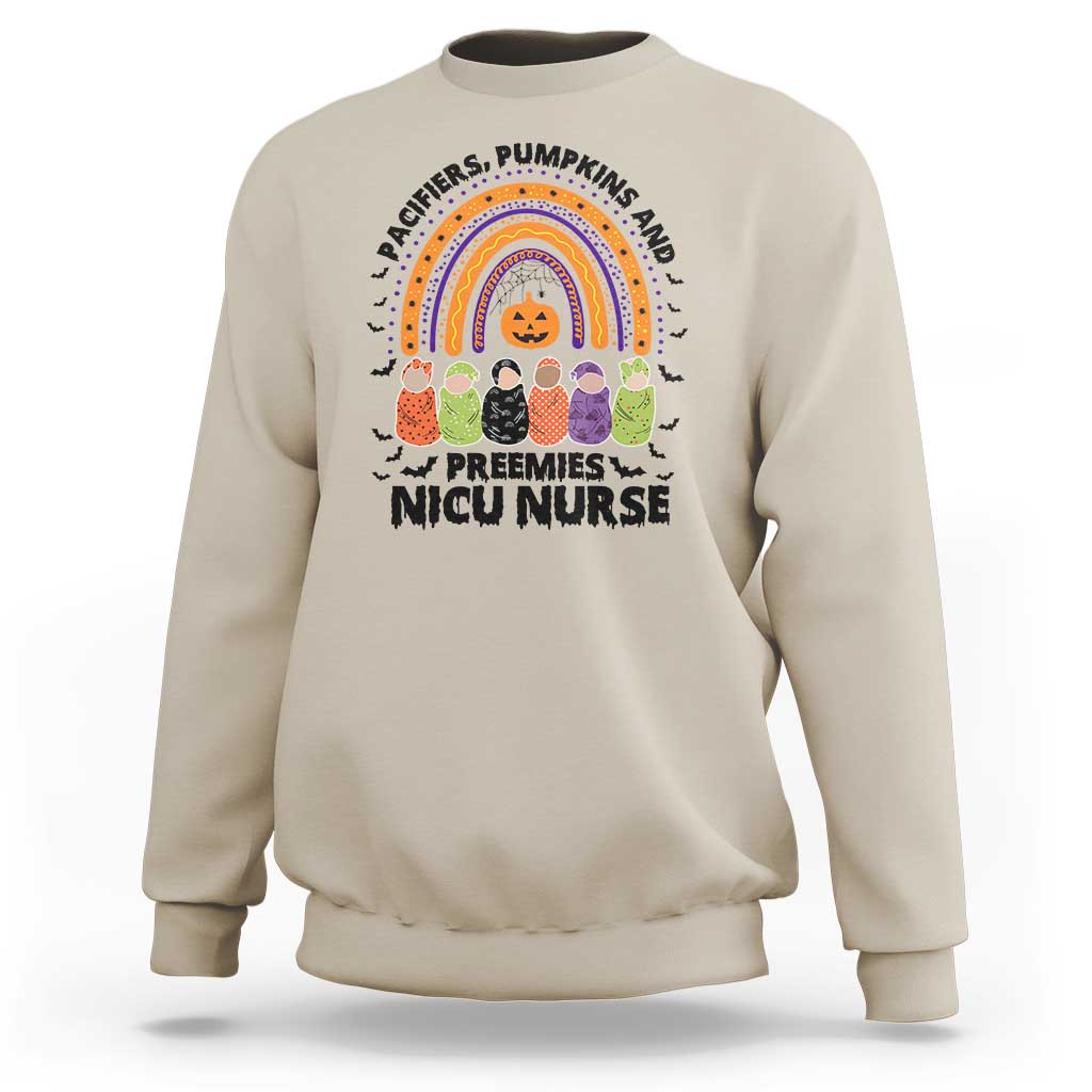 NICU Nurse Halloween Sweatshirt Pacifiers Pumpkins And Preemies Baby Rainbow Bat - Wonder Print Shop