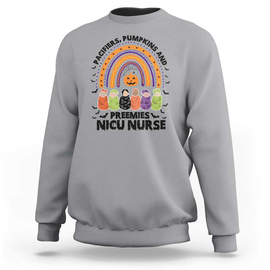 NICU Nurse Halloween Sweatshirt Pacifiers Pumpkins And Preemies Baby Rainbow Bat - Wonder Print Shop