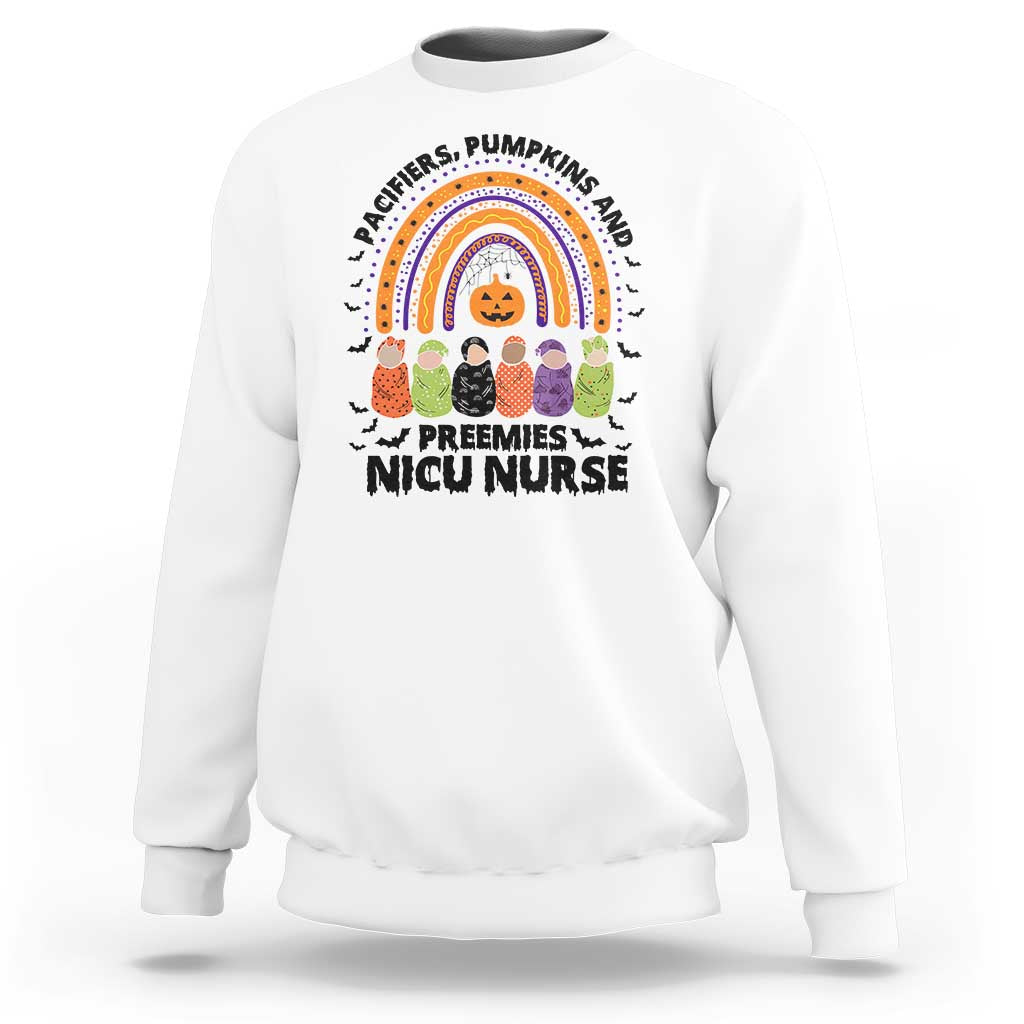 NICU Nurse Halloween Sweatshirt Pacifiers Pumpkins And Preemies Baby Rainbow Bat - Wonder Print Shop
