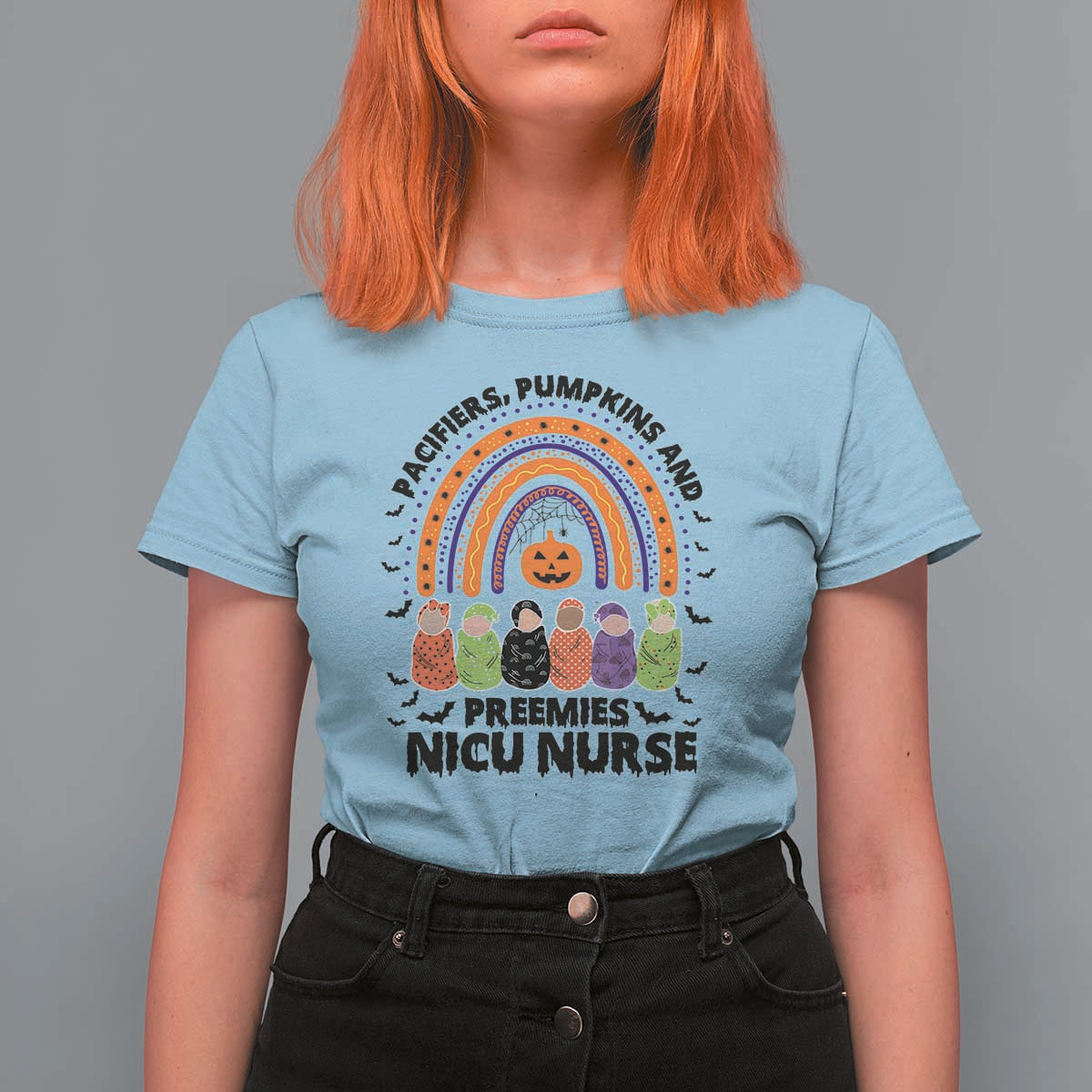 NICU Nurse Halloween T Shirt For Women Pacifiers Pumpkins And Preemies Baby Rainbow Bat - Wonder Print Shop