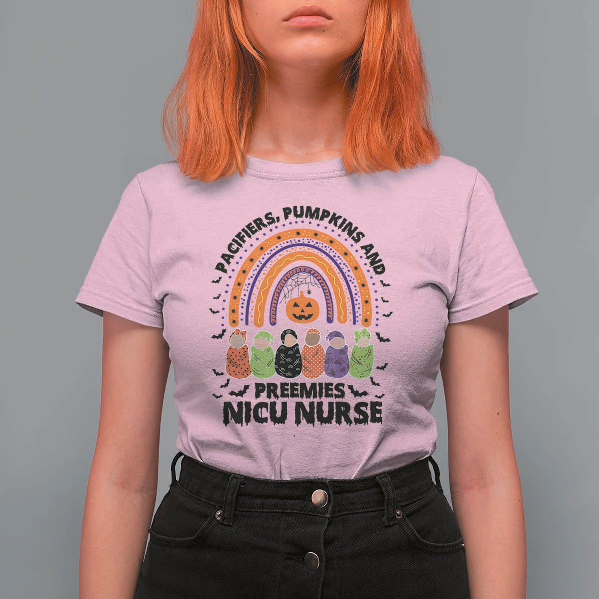 NICU Nurse Halloween T Shirt For Women Pacifiers Pumpkins And Preemies Baby Rainbow Bat - Wonder Print Shop
