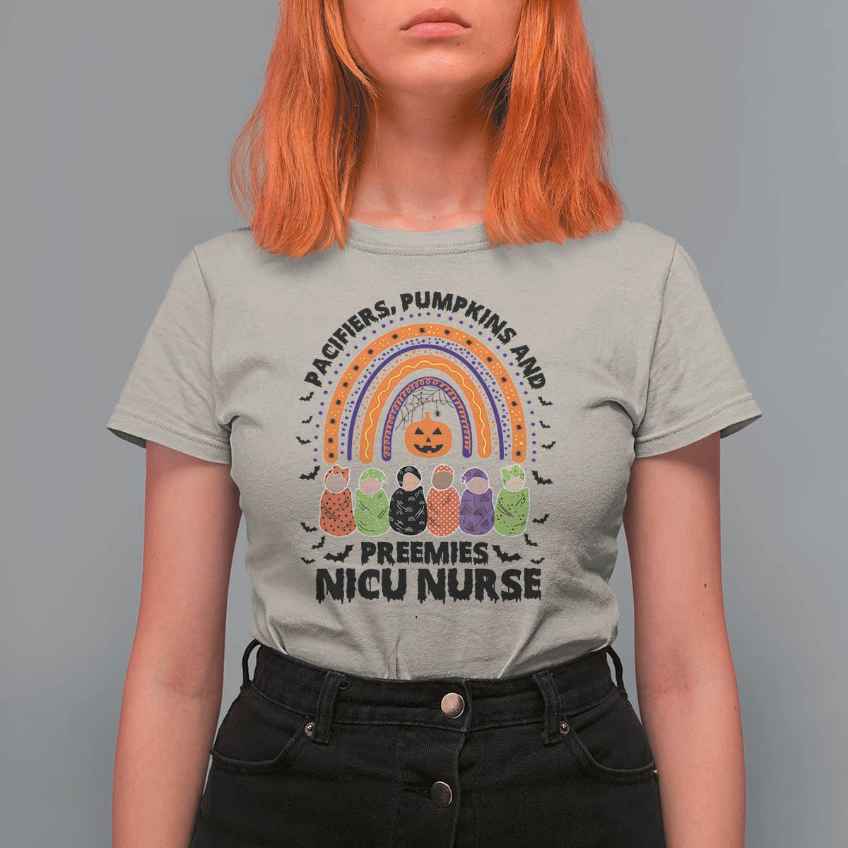 NICU Nurse Halloween T Shirt For Women Pacifiers Pumpkins And Preemies Baby Rainbow Bat - Wonder Print Shop