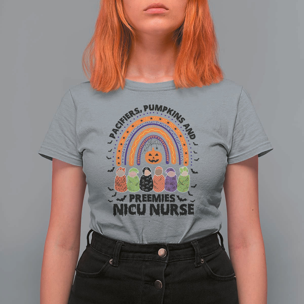 NICU Nurse Halloween T Shirt For Women Pacifiers Pumpkins And Preemies Baby Rainbow Bat - Wonder Print Shop