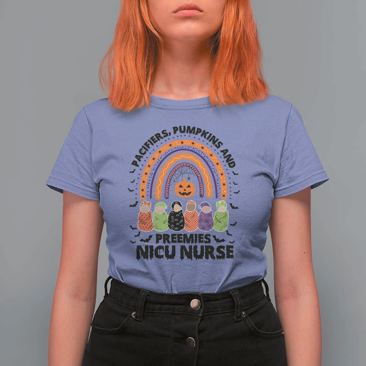 NICU Nurse Halloween T Shirt For Women Pacifiers Pumpkins And Preemies Baby Rainbow Bat - Wonder Print Shop