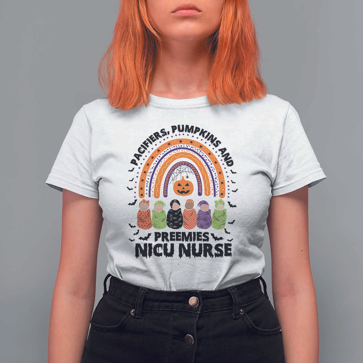 NICU Nurse Halloween T Shirt For Women Pacifiers Pumpkins And Preemies Baby Rainbow Bat - Wonder Print Shop