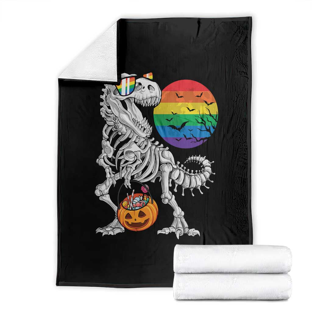 Halloween LGBT Throw Blanket Scary Dinosaur Skeleton T rex Rainbow Moon - Wonder Print Shop