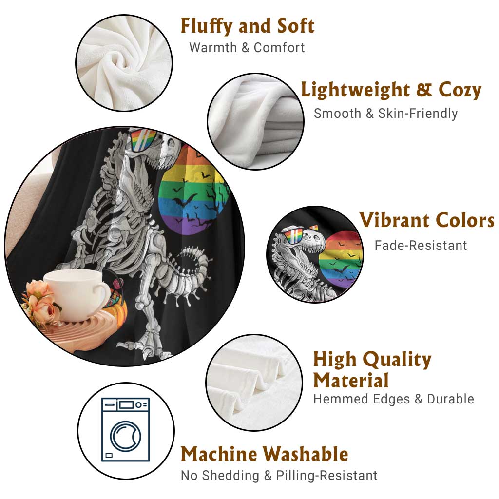 Halloween LGBT Throw Blanket Scary Dinosaur Skeleton T rex Rainbow Moon - Wonder Print Shop