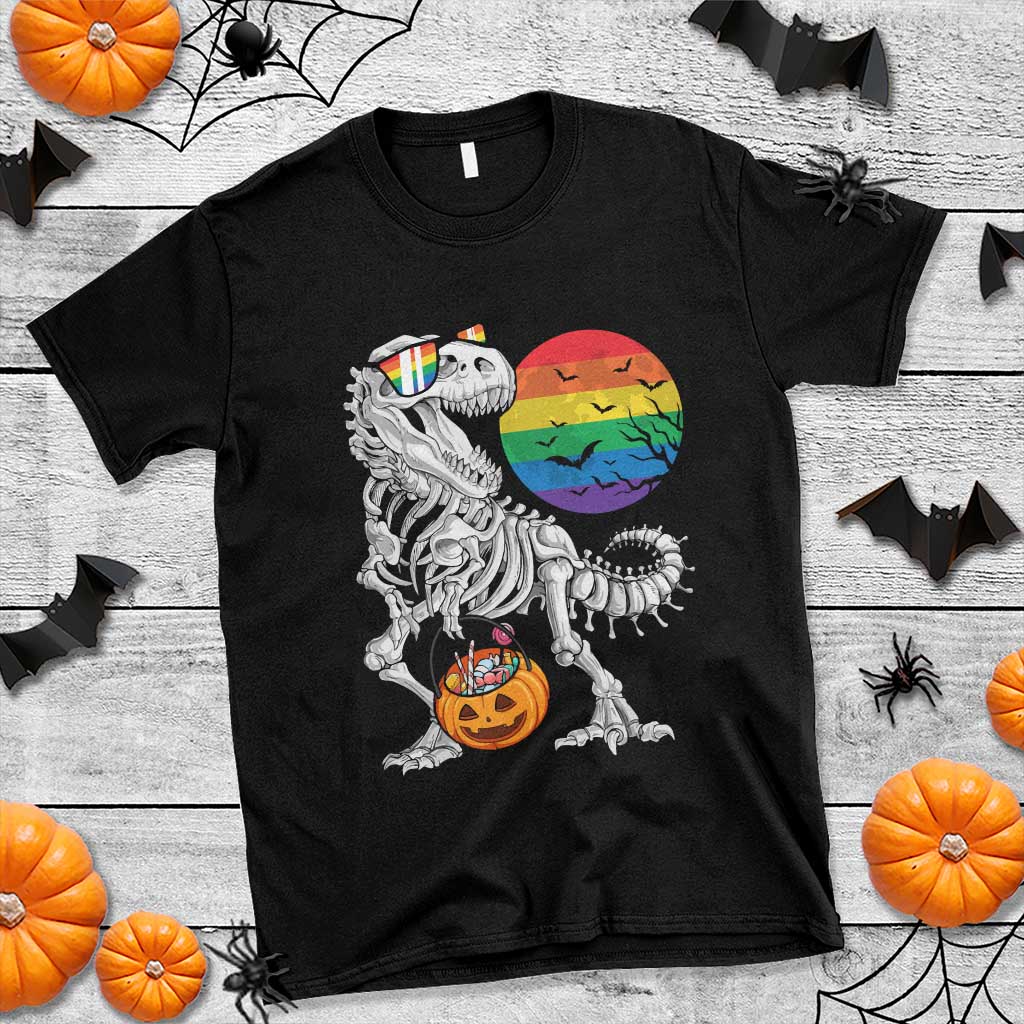 Halloween LGBT T Shirt Scary Dinosaur Skeleton T rex Rainbow Moon - Wonder Print Shop