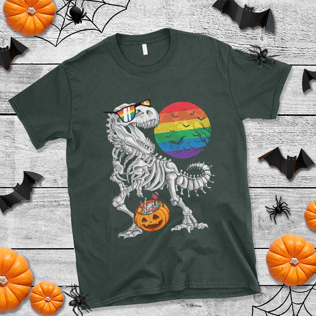 Halloween LGBT T Shirt Scary Dinosaur Skeleton T rex Rainbow Moon - Wonder Print Shop