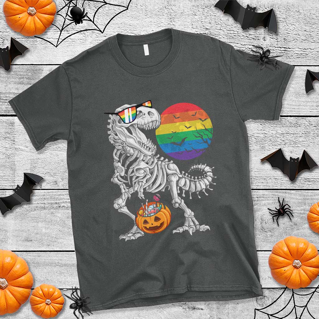 Halloween LGBT T Shirt Scary Dinosaur Skeleton T rex Rainbow Moon - Wonder Print Shop