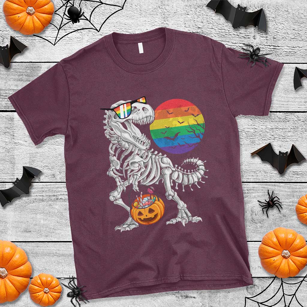 Halloween LGBT T Shirt Scary Dinosaur Skeleton T rex Rainbow Moon - Wonder Print Shop