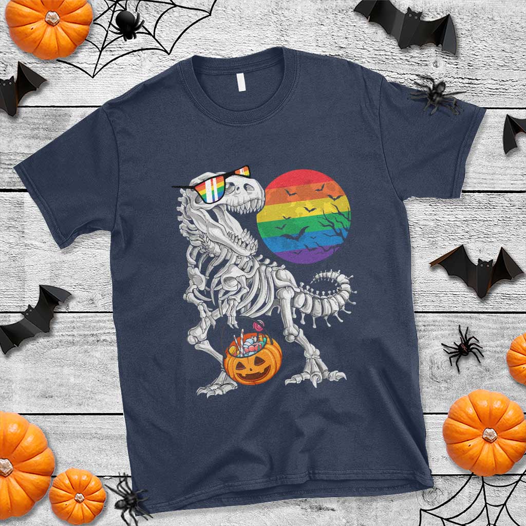 Halloween LGBT T Shirt Scary Dinosaur Skeleton T rex Rainbow Moon - Wonder Print Shop