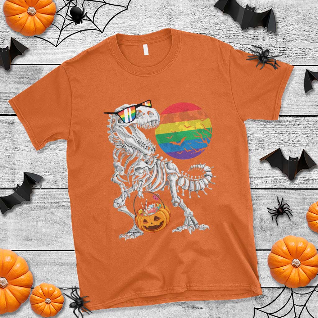 Halloween LGBT T Shirt Scary Dinosaur Skeleton T rex Rainbow Moon - Wonder Print Shop