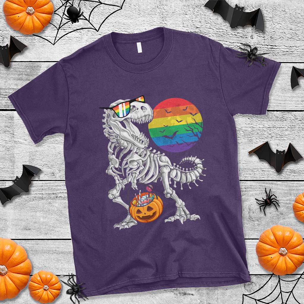 Halloween LGBT T Shirt Scary Dinosaur Skeleton T rex Rainbow Moon - Wonder Print Shop