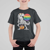 Halloween LGBT T Shirt For Kid Scary Dinosaur Skeleton T rex Rainbow Moon - Wonder Print Shop