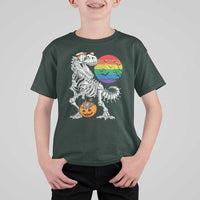 Halloween LGBT T Shirt For Kid Scary Dinosaur Skeleton T rex Rainbow Moon - Wonder Print Shop