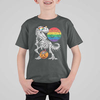 Halloween LGBT T Shirt For Kid Scary Dinosaur Skeleton T rex Rainbow Moon - Wonder Print Shop