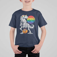 Halloween LGBT T Shirt For Kid Scary Dinosaur Skeleton T rex Rainbow Moon - Wonder Print Shop