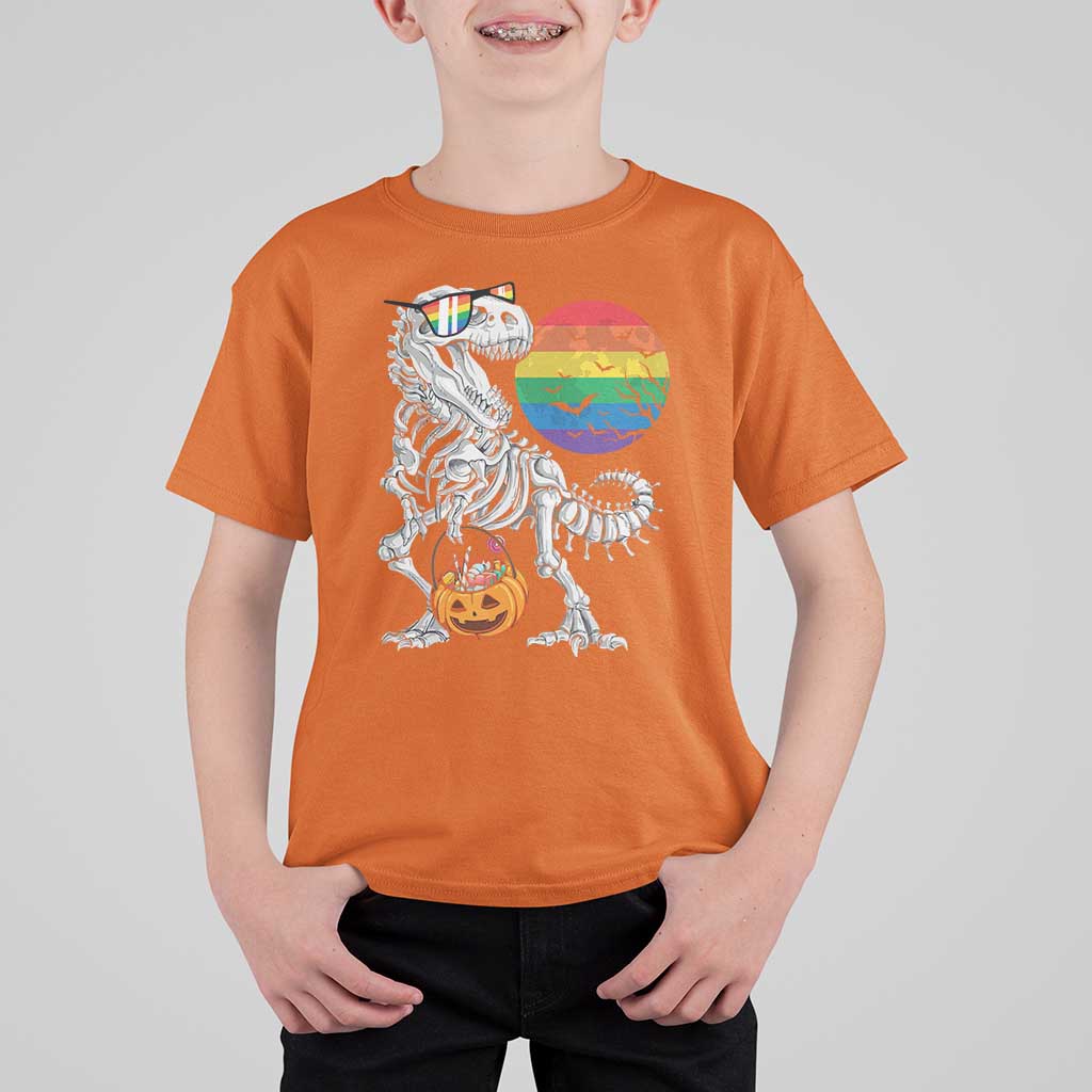 Halloween LGBT T Shirt For Kid Scary Dinosaur Skeleton T rex Rainbow Moon - Wonder Print Shop
