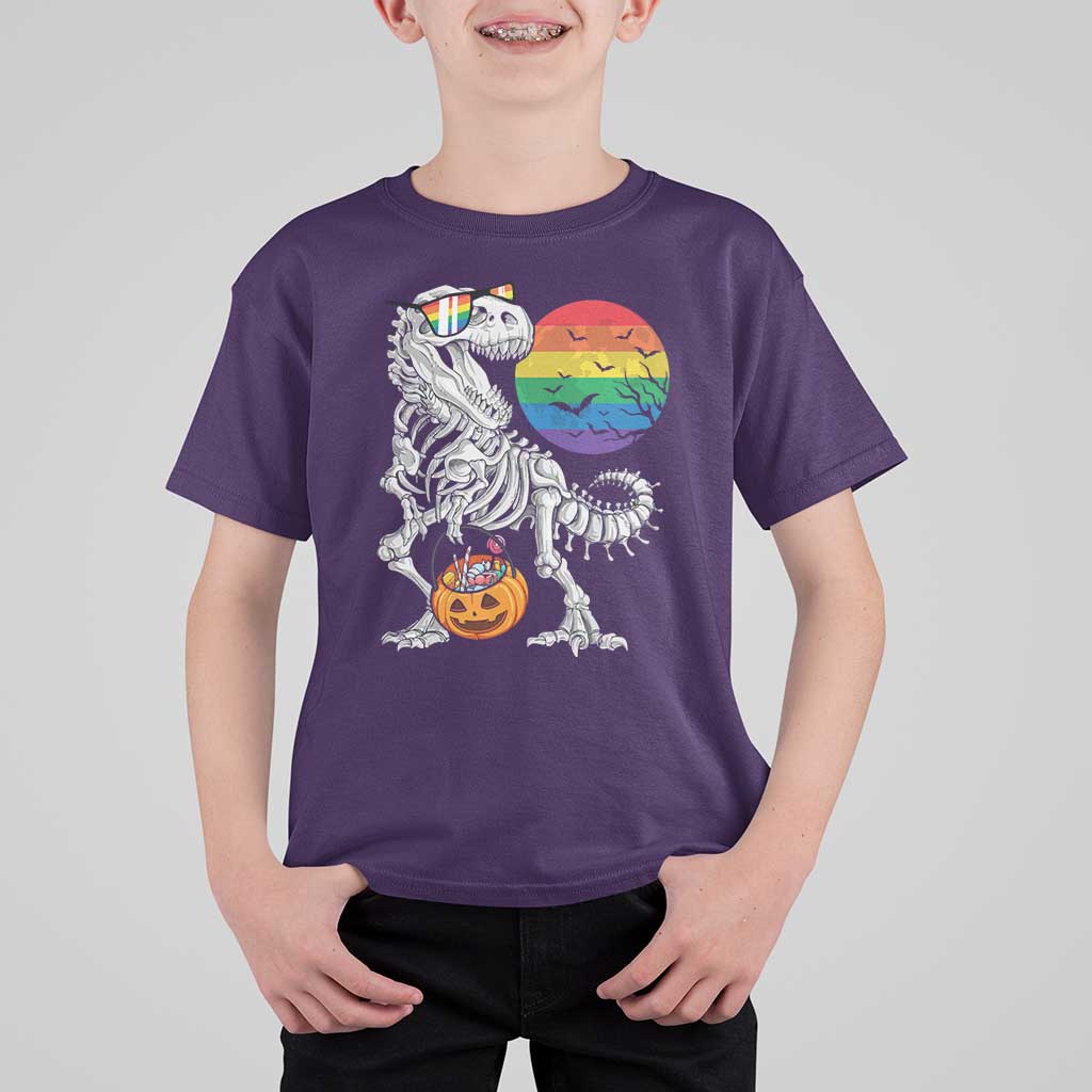 Halloween LGBT T Shirt For Kid Scary Dinosaur Skeleton T rex Rainbow Moon - Wonder Print Shop