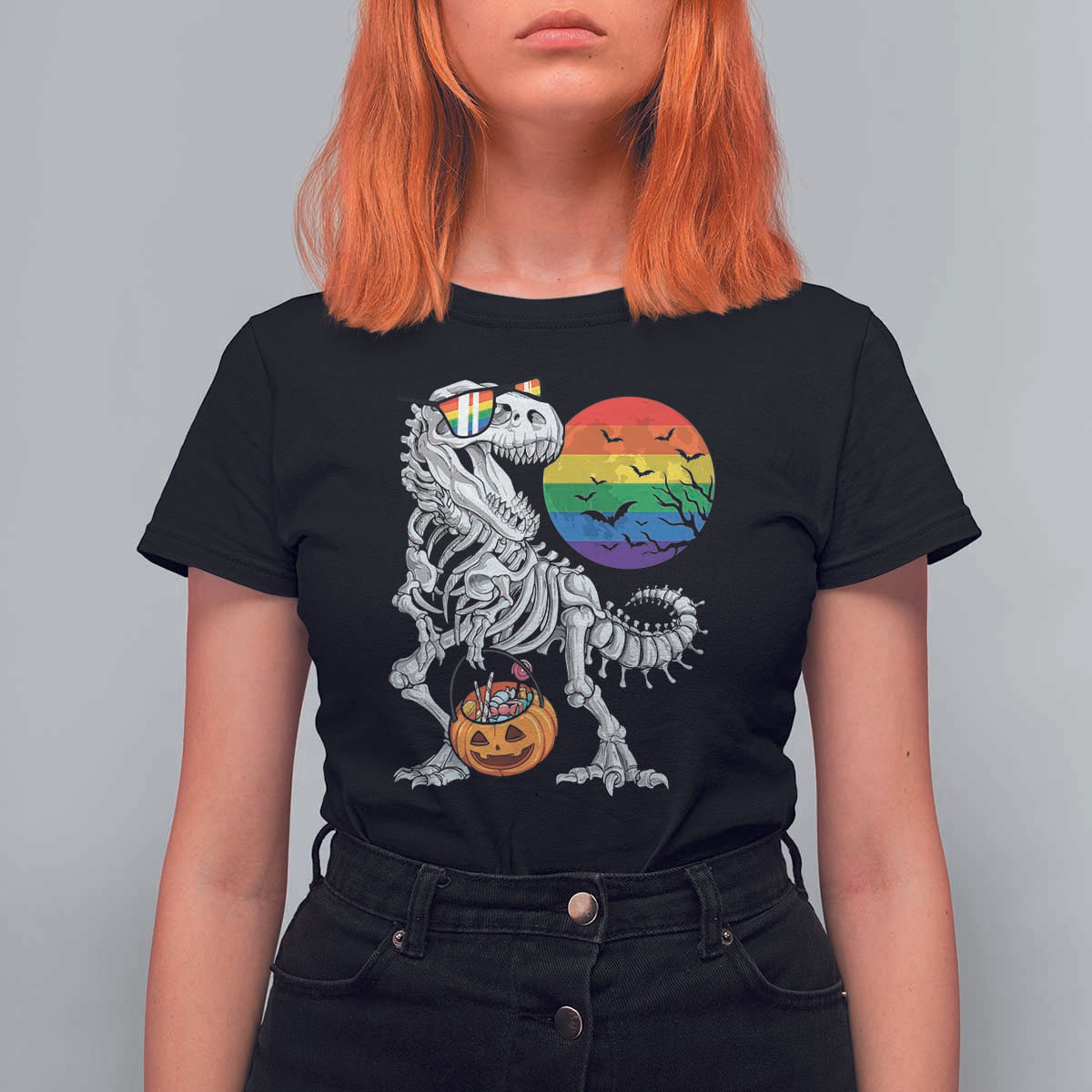 Halloween LGBT T Shirt For Women Scary Dinosaur Skeleton T rex Rainbow Moon - Wonder Print Shop