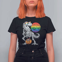 Halloween LGBT T Shirt For Women Scary Dinosaur Skeleton T rex Rainbow Moon - Wonder Print Shop