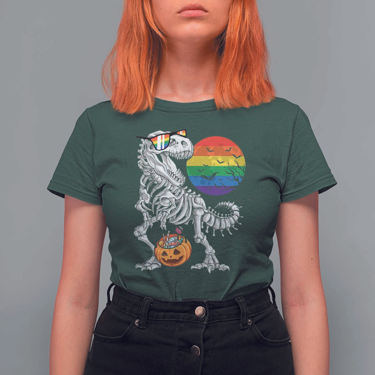 Halloween LGBT T Shirt For Women Scary Dinosaur Skeleton T rex Rainbow Moon - Wonder Print Shop
