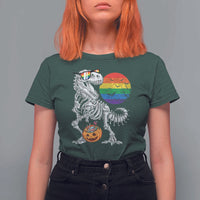 Halloween LGBT T Shirt For Women Scary Dinosaur Skeleton T rex Rainbow Moon - Wonder Print Shop