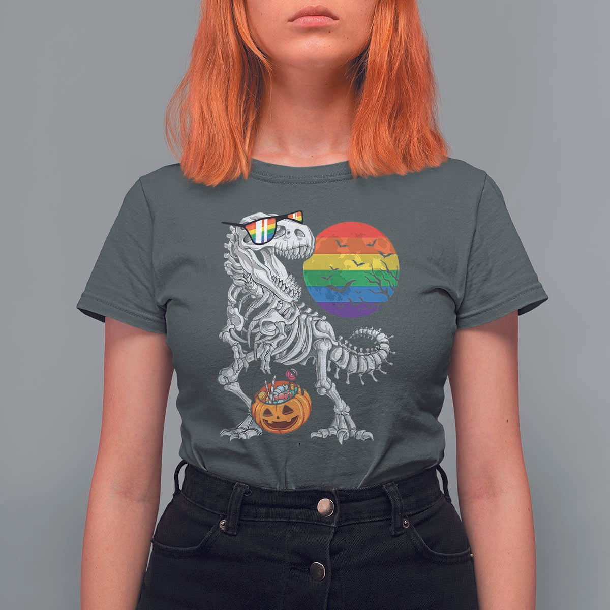 Halloween LGBT T Shirt For Women Scary Dinosaur Skeleton T rex Rainbow Moon - Wonder Print Shop