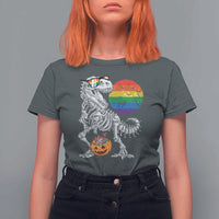 Halloween LGBT T Shirt For Women Scary Dinosaur Skeleton T rex Rainbow Moon - Wonder Print Shop