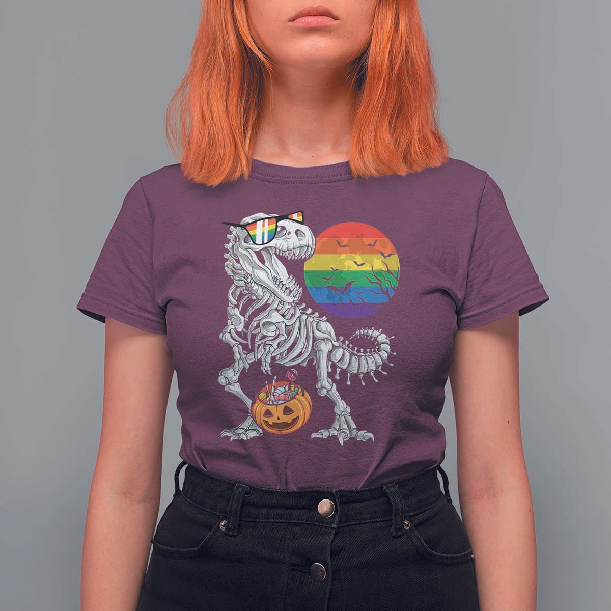 Halloween LGBT T Shirt For Women Scary Dinosaur Skeleton T rex Rainbow Moon - Wonder Print Shop