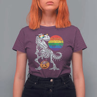 Halloween LGBT T Shirt For Women Scary Dinosaur Skeleton T rex Rainbow Moon - Wonder Print Shop