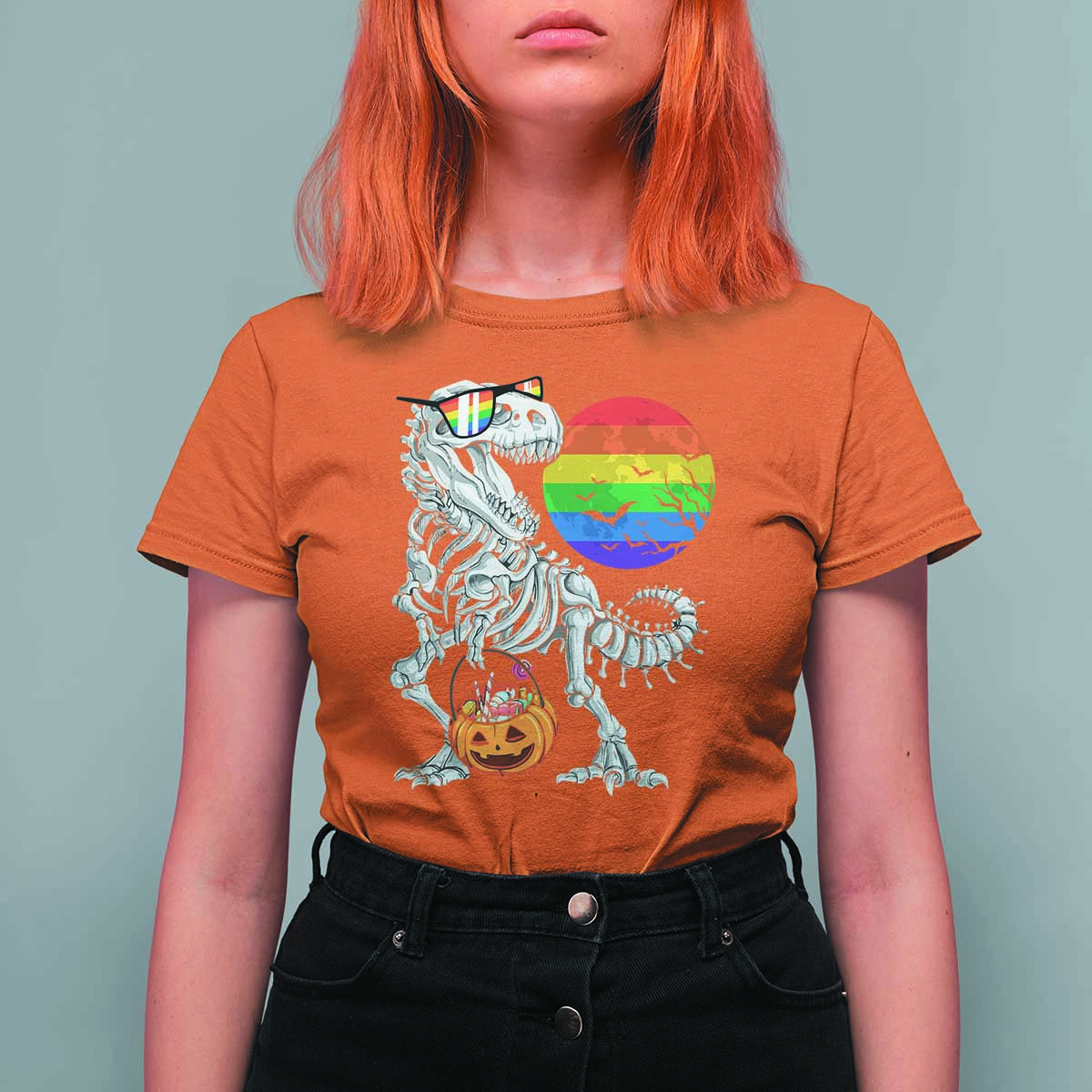 Halloween LGBT T Shirt For Women Scary Dinosaur Skeleton T rex Rainbow Moon - Wonder Print Shop
