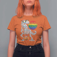 Halloween LGBT T Shirt For Women Scary Dinosaur Skeleton T rex Rainbow Moon - Wonder Print Shop