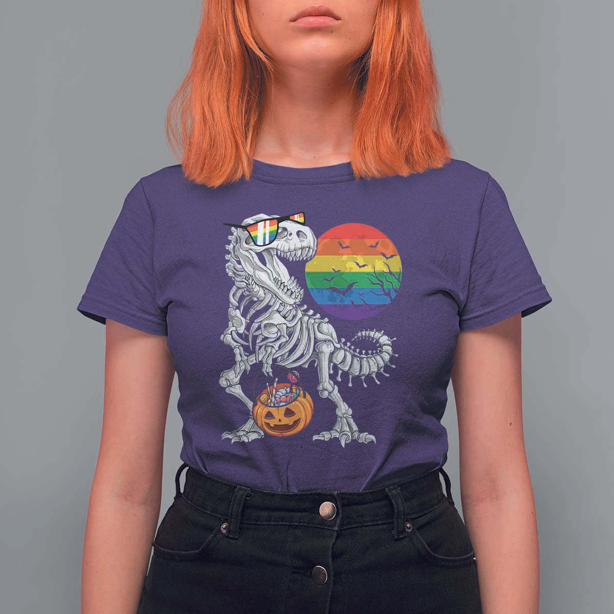 Halloween LGBT T Shirt For Women Scary Dinosaur Skeleton T rex Rainbow Moon - Wonder Print Shop