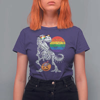 Halloween LGBT T Shirt For Women Scary Dinosaur Skeleton T rex Rainbow Moon - Wonder Print Shop