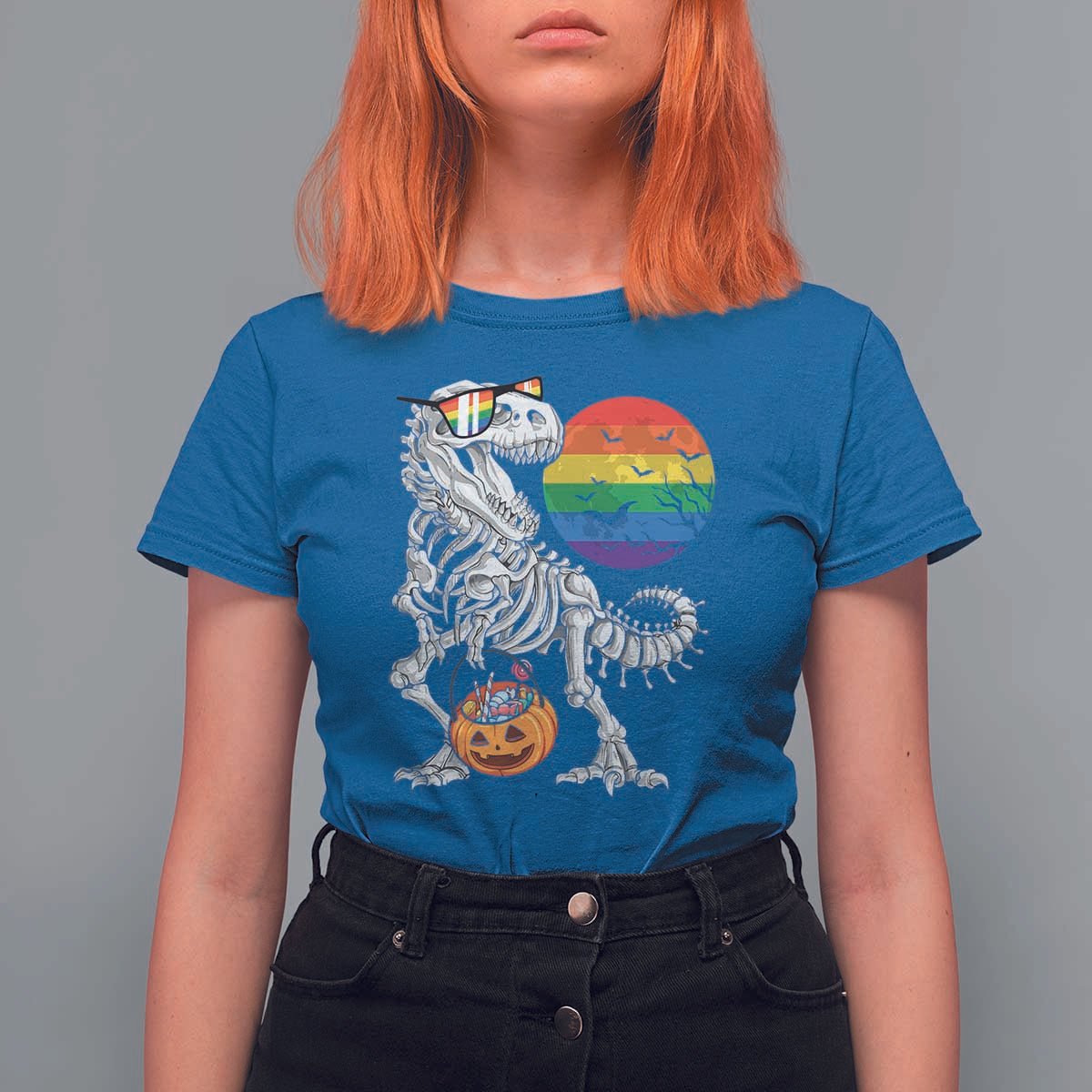 Halloween LGBT T Shirt For Women Scary Dinosaur Skeleton T rex Rainbow Moon - Wonder Print Shop