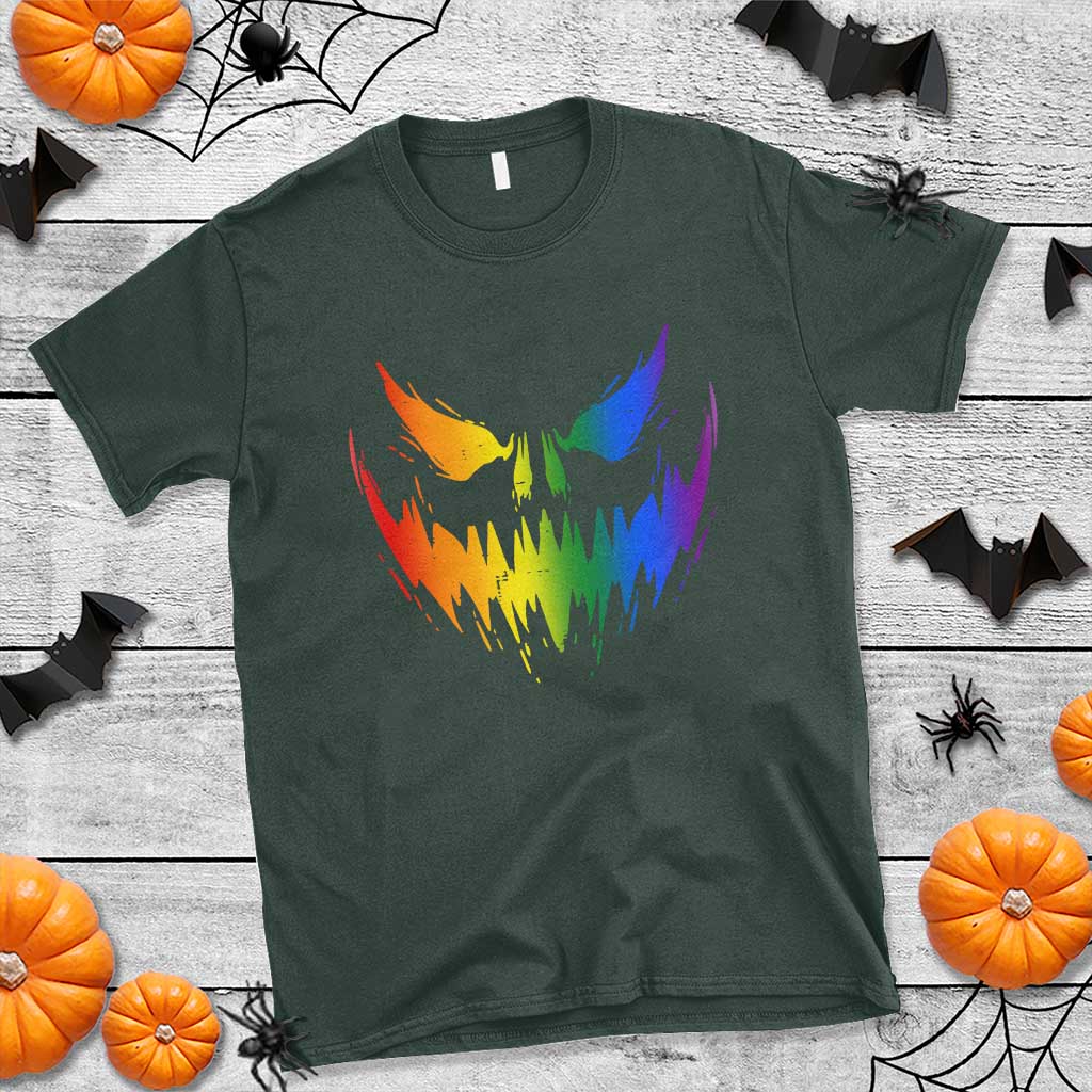 Funny Halloween LGBT T Shirt Jack O Lantern Scary Carved Pumpkin Face Rainbow Flag - Wonder Print Shop
