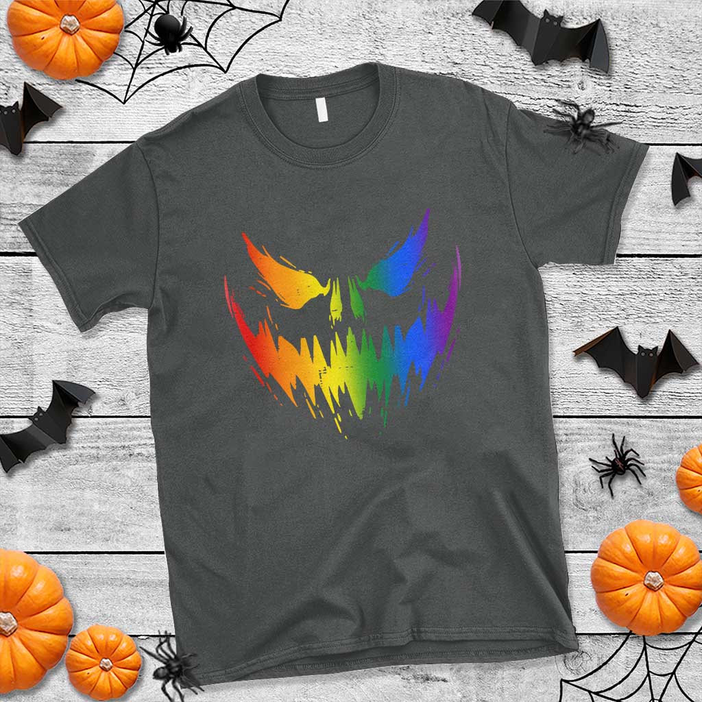 Funny Halloween LGBT T Shirt Jack O Lantern Scary Carved Pumpkin Face Rainbow Flag - Wonder Print Shop