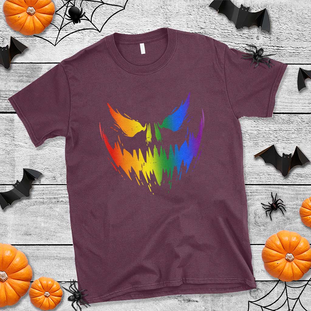 Funny Halloween LGBT T Shirt Jack O Lantern Scary Carved Pumpkin Face Rainbow Flag - Wonder Print Shop