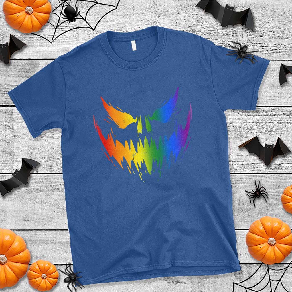 Funny Halloween LGBT T Shirt Jack O Lantern Scary Carved Pumpkin Face Rainbow Flag - Wonder Print Shop
